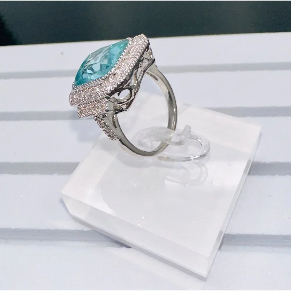 Aquamarine Cubic Zirconia White Crystal Ring Size 7 - Picture 10 of 16